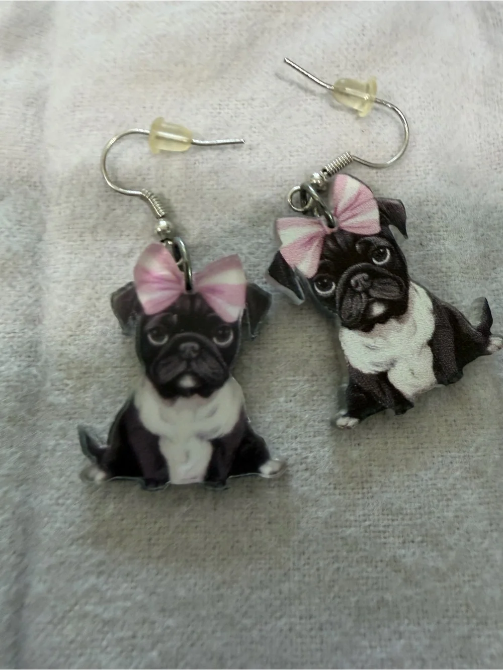 Cute Black & White Pug yEarrings with Pink Bow - Pet Lover Accessory